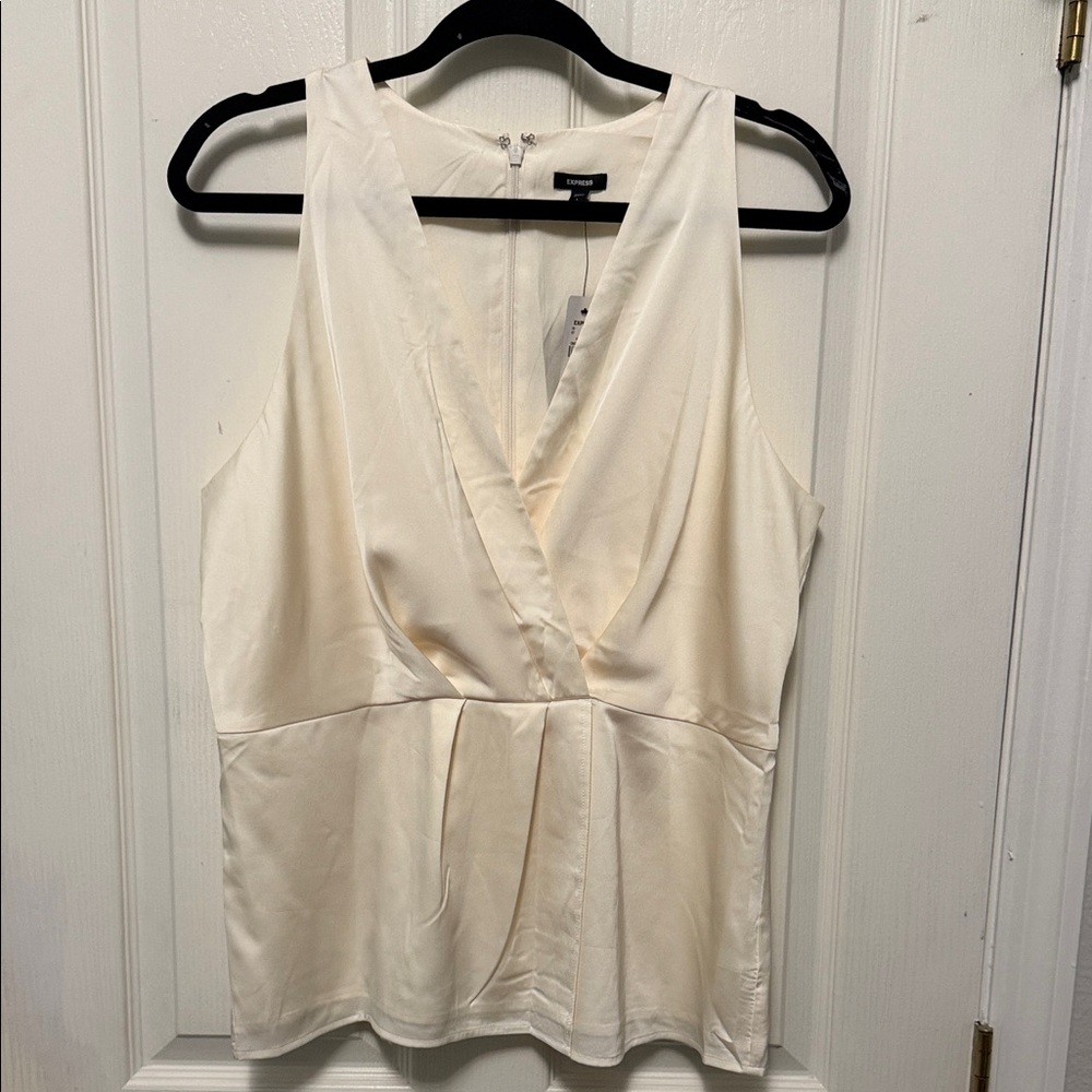 Express Satin V-Neck Peplum Tank Top - Ivory/Cream
